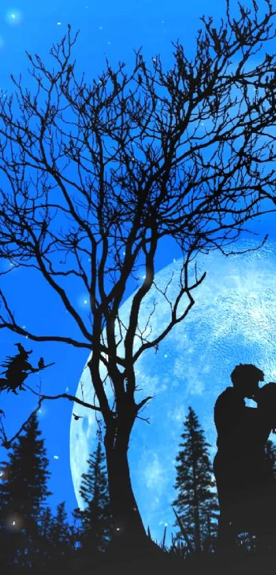 Romantic silhouette of couple under moonlight with tree and witch outline.