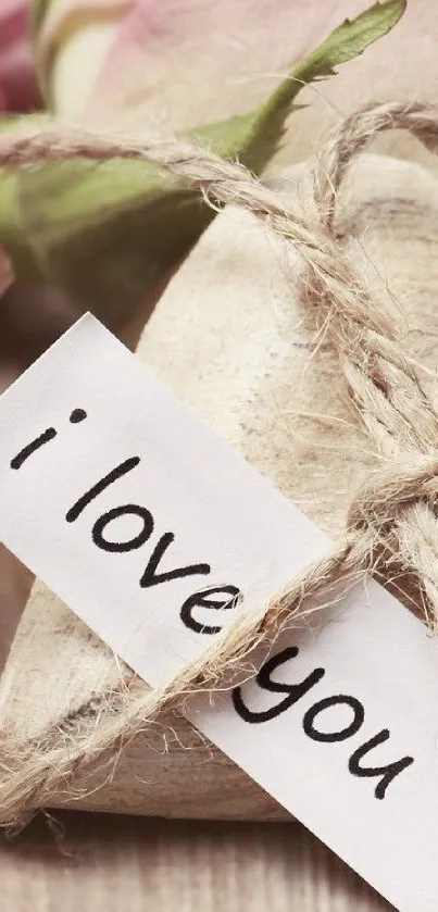 Romantic wallpaper with 'I love you' note tied with twine on a soft beige background.