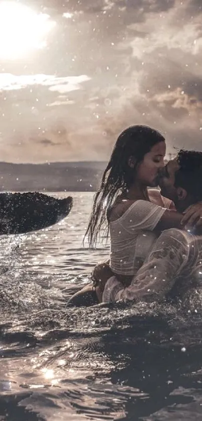 Couple embracing in ocean with mermaid tail under dramatic sky.