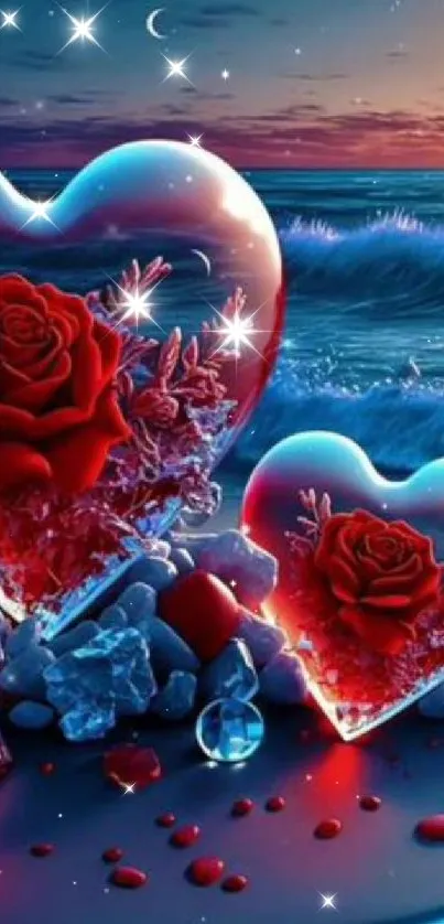 Heart glass sculptures with red roses by the ocean at night.
