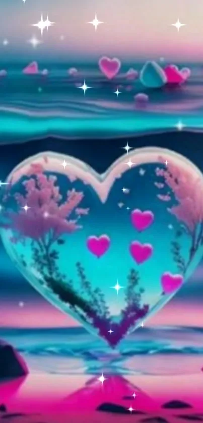 Heart-shaped ocean with floating hearts and sparkles wallpaper.