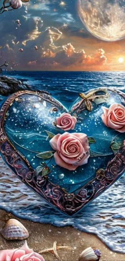 Heart-shaped floral design by the ocean with moonlit sky.