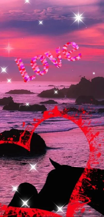 Romantic ocean sunset with red heart overlay.