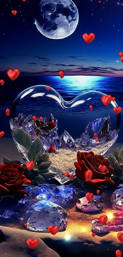 Romantic ocean night scene with moon, red roses, and shining gems.