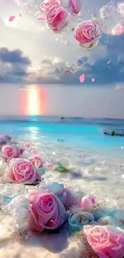 Romantic ocean wallpaper with pink roses and sunset.