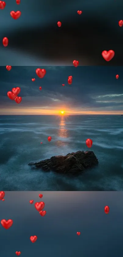 Sunset over ocean with red hearts floating in the sky.