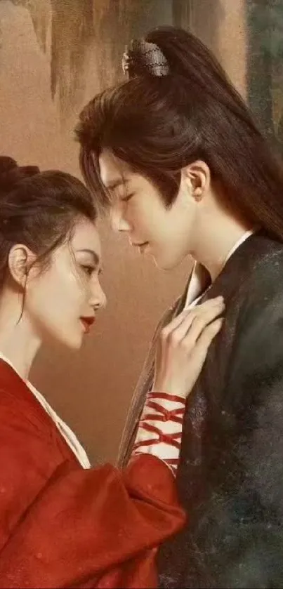 Romantic oriental artwork of a couple in traditional clothing embracing intimately.