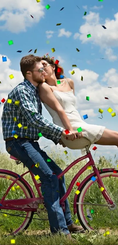 Couple in love riding a bike under a bright blue sky.