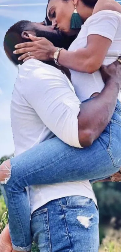 Romantic couple embracing outdoors under a blue sky.