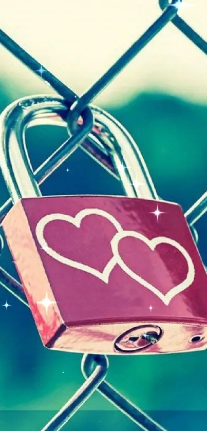 Pink padlock with heart design on chain link fence.