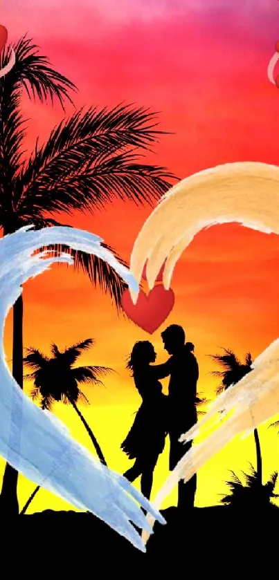 Romantic couple silhouette under a vibrant sunset with heart design.