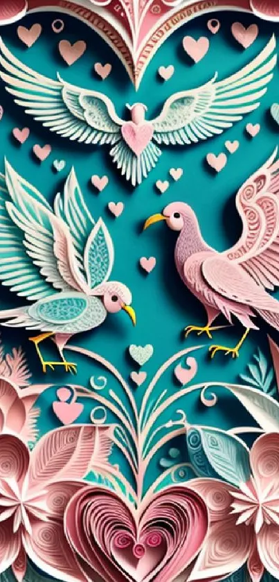 Intricate paper art with birds and hearts in teal and pink hues.