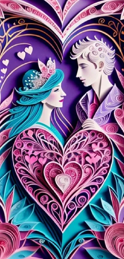 Romantic paper art wallpaper with a couple in a heart design, featuring vibrant colors.