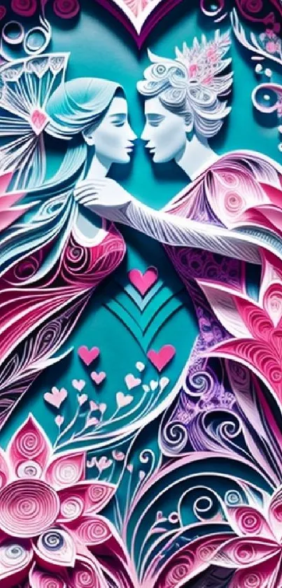 Romantic paper art with intricate designs in blue and pink hues for mobile wallpaper.