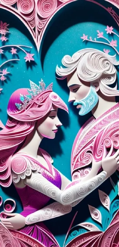 Romantic couple in intricate pink and blue paper art design.