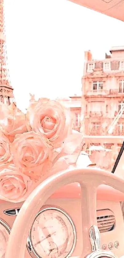 Vintage car interior with Eiffel Tower view and bouquet.