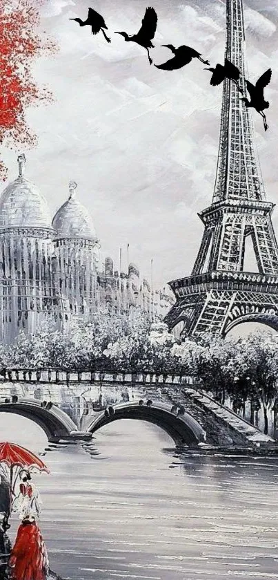 Romantic Paris scene with Eiffel Tower and couple with red umbrella.