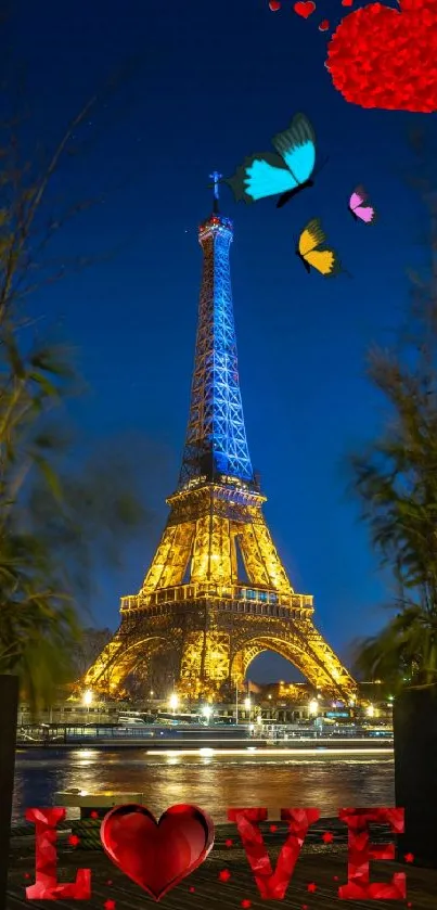 Eiffel Tower at night with love and butterflies.