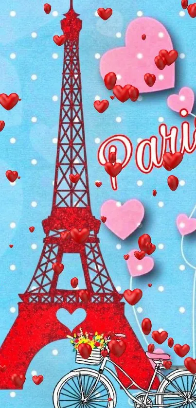 Eiffel Tower with hearts and bicycle on blue polka dot background.