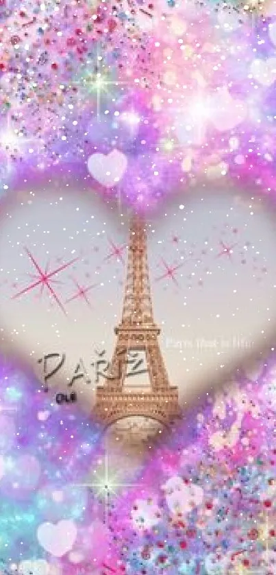 Paris wallpaper with Eiffel Tower in a heart frame amidst colorful sparkles.