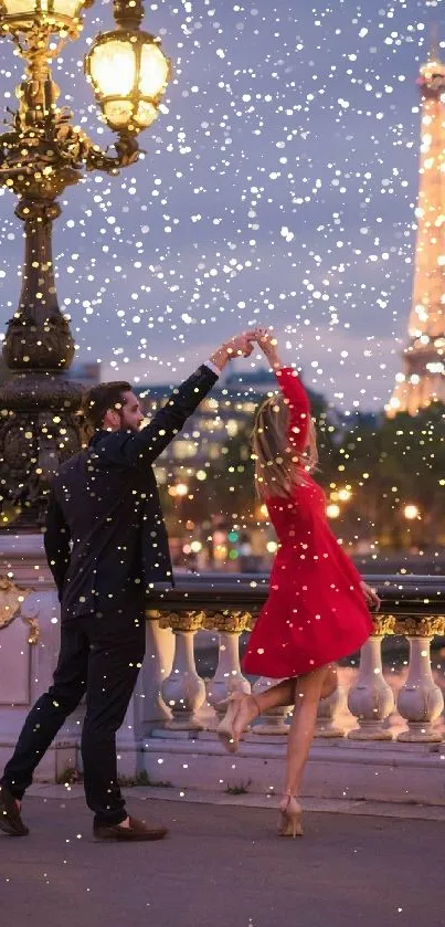 Couple dancing in Paris at night with lit Eiffel Tower in background.