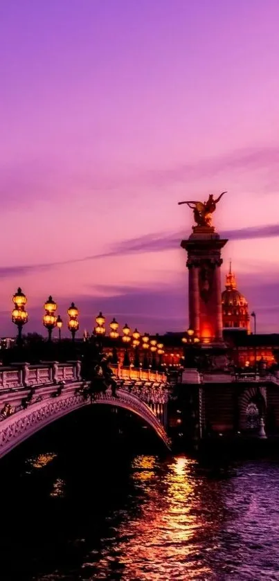 Paris bridge under purple night sky wallpaper