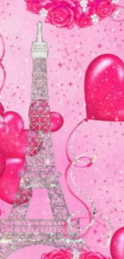 Pink Paris wallpaper with Eiffel Tower and heart balloons.