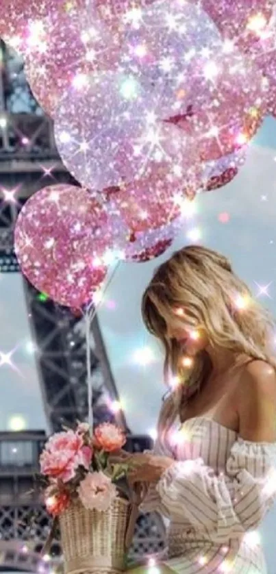 Romantic Paris wallpaper with pink glittering balloons and Eiffel Tower.