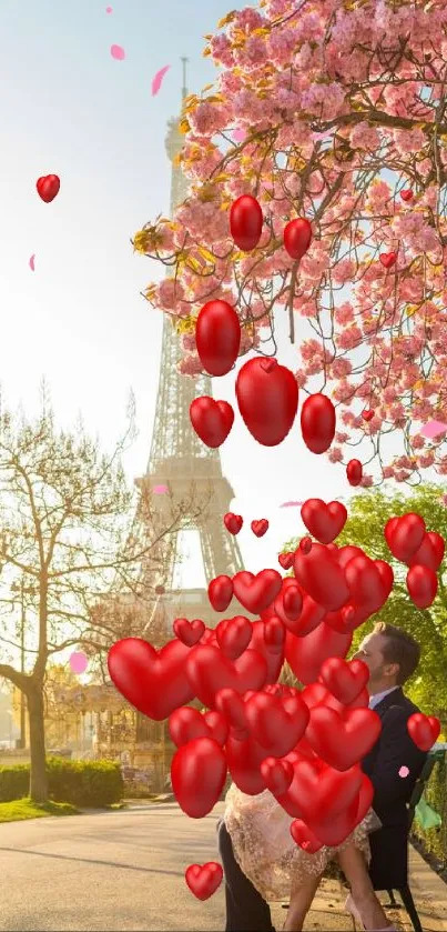 Romantic couple sitting in Paris with blooming cherry blossoms near Eiffel Tower.