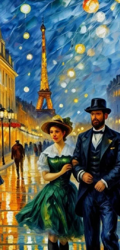 Romantic couple walking in Paris at night under city lights with Eiffel Tower.