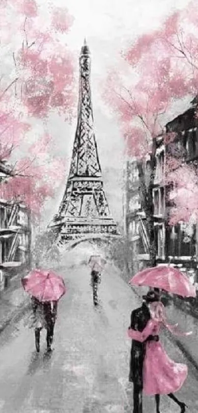 Romantic Parisian scene with Eiffel Tower and pink accents.