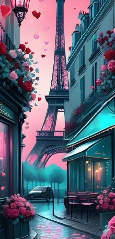 Romantic Parisian street wallpaper with Eiffel Tower.