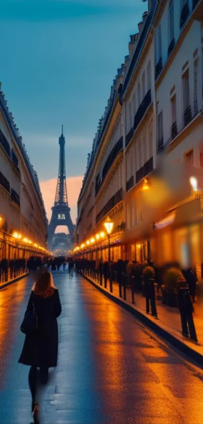 Evening view of Paris street leading to the Eiffel Tower, illuminated in warm orange hues.