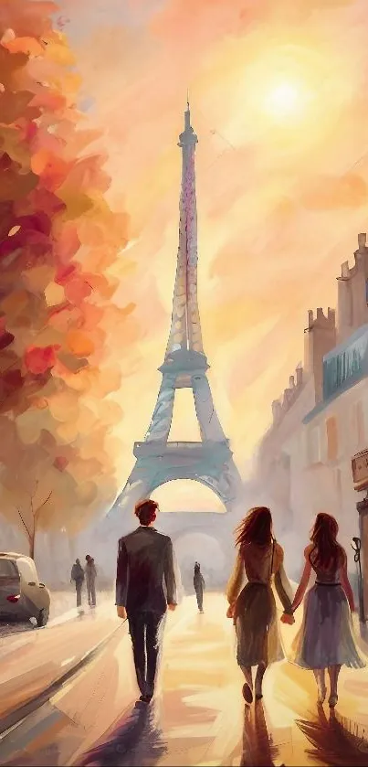 Romantic couple walking in Paris at sunset with Eiffel Tower in background.