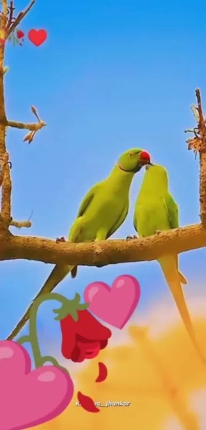 Romantic love birds wallpaper with heart decorations.