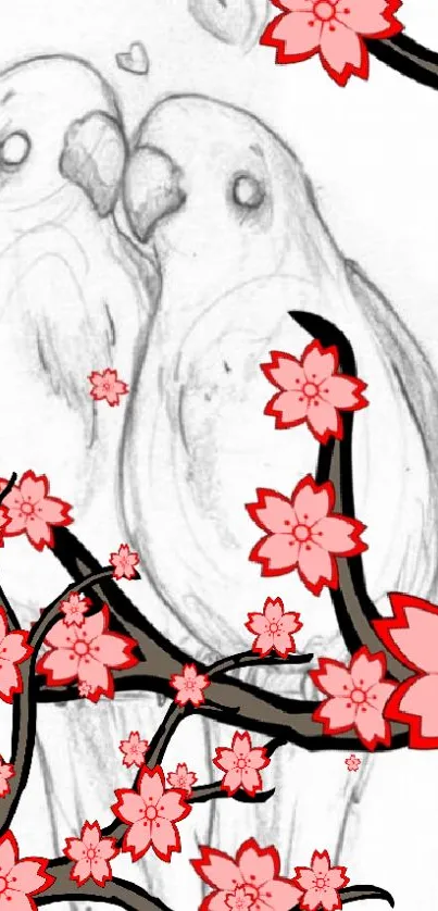 Sketch of parrots with pink cherry blossoms.