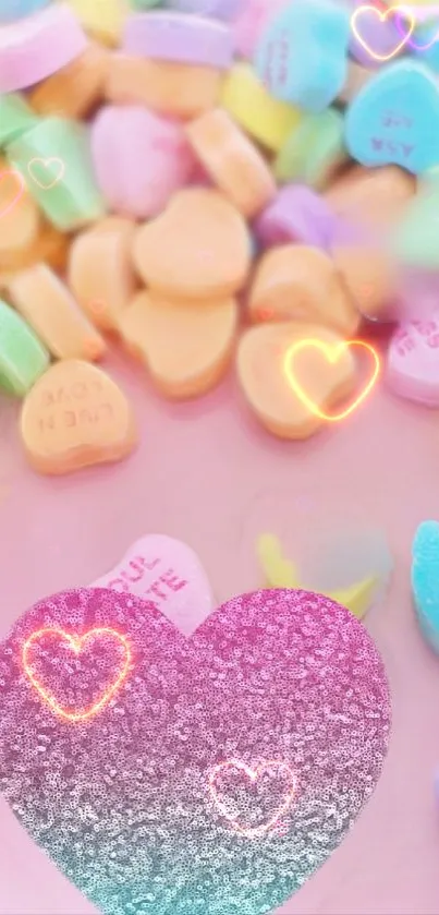 Romantic pastel heart wallpaper with candy elements.
