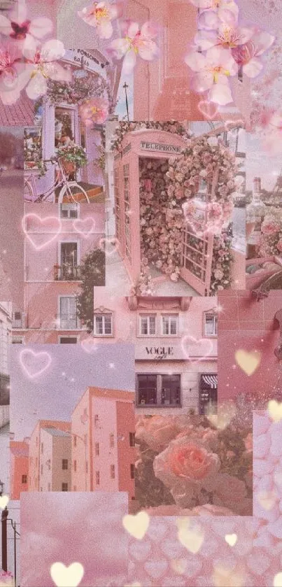 Romantic pastel wallpaper with flowers and hearts in soft pink hues.