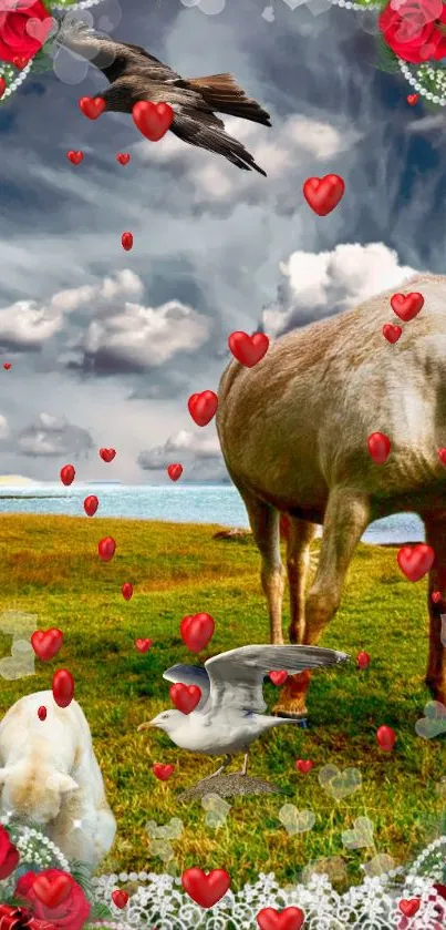 Romantic scene with animals and hearts on a vibrant scenic background.