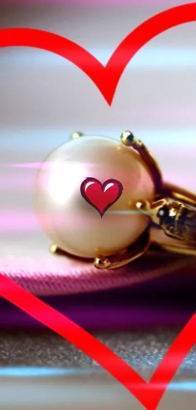 Mobile wallpaper with pearl and red heart in center.