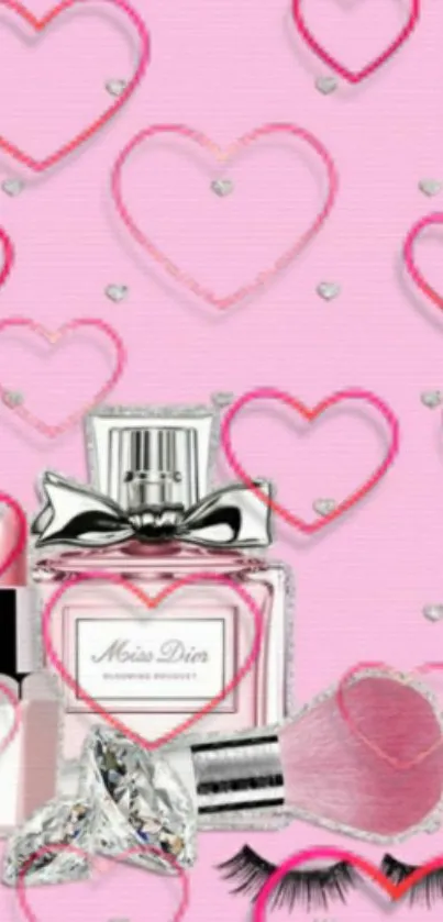 Pink wallpaper with perfume bottles and hearts for a romantic and elegant look.