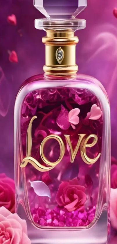 Perfume bottle with roses and 'Love' text on a pink background.