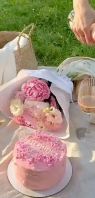 Pink cake with flowers during a picnic.