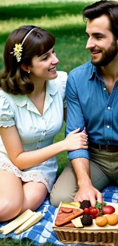 Couple enjoying a sunny picnic on a grassy field, surrounded by nature.
