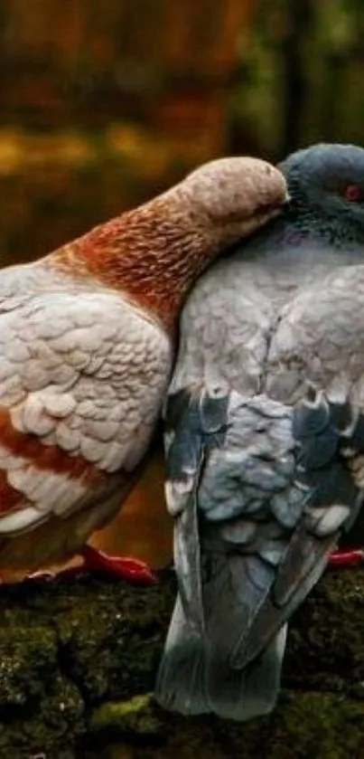 Romantic pigeons embracing on a branch with natural hues.