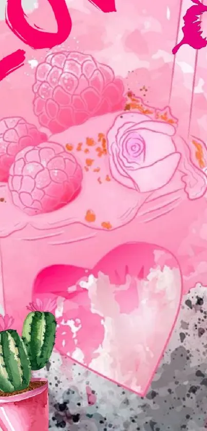 Vibrant pink wallpaper with love, flowers, and butterfly design.