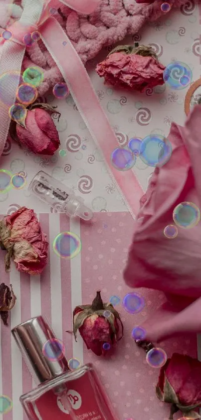 Romantic pink aesthetic with roses, bubbles, and perfume accents.