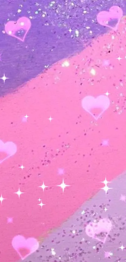 Mobile wallpaper with pink and purple glitter hearts.