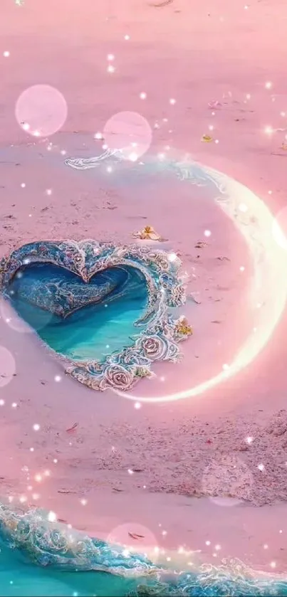 Dreamy pink beach with heart and glowing crescent design.