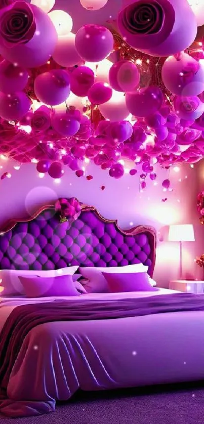 Romantic pink bedroom with floral ceiling decor and plush bedding